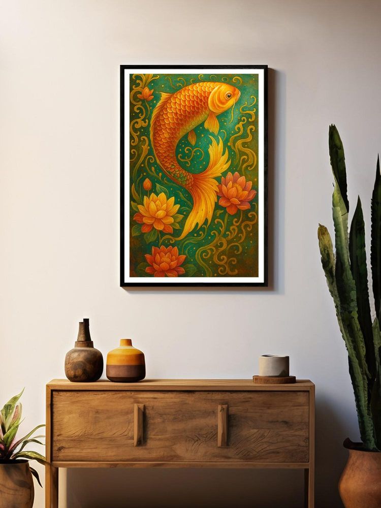 999Store Mystic Multi-Color Koi Fish with Lotus and Swirls Painting-image-49
