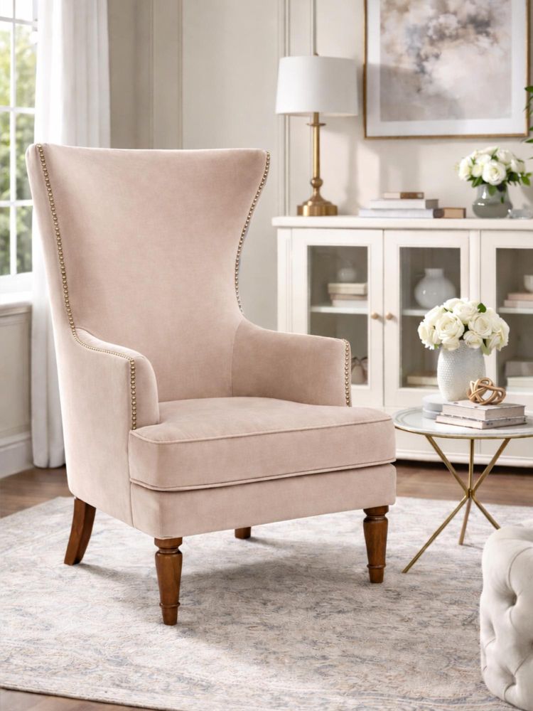 JABRIX Beige Elysian Velvet Wingback Accent Chair-image-8