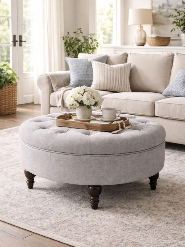 JABRIX Grey Classic Round Sagwan Wooden Base Ottoman-image-3