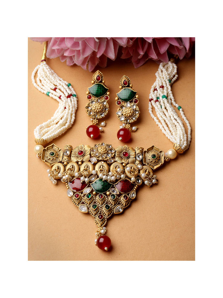 ADIVA Multi-Color Gold-Plated Kundan Stone Pearls and Meenakari Handcrafted Jewellery Set