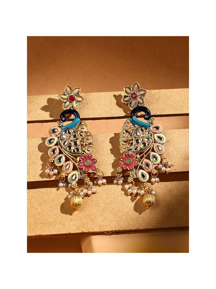 ADIVA 18K Gold-Plated Peacock Royale Meenakari Kundan Earrings with Floral and Pearl Drops-picture-33