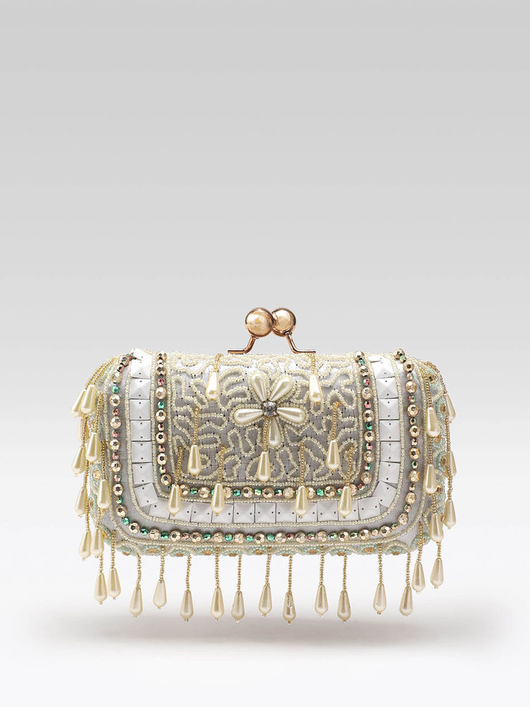 Fabbhue Womens Hand Embroidery Box Clutch With Detachable Shoulder Strap White-image-14