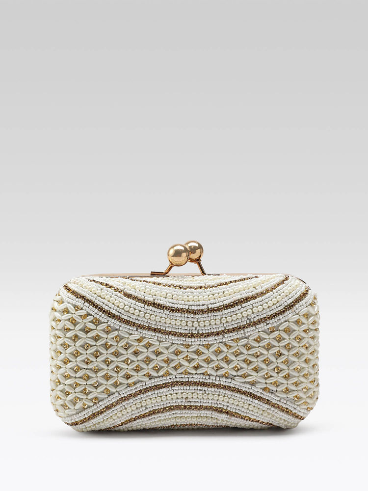 Fabbhue Womens Hand Embroidery Box Clutch With Detachable Shoulder Strap Off White-picture-24