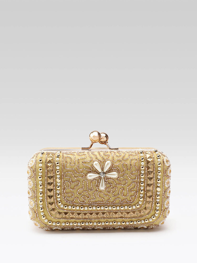 Fabbhue Womens Hand Embroidery Box Clutch With Detachable Shoulder Strap Gold-picture-46