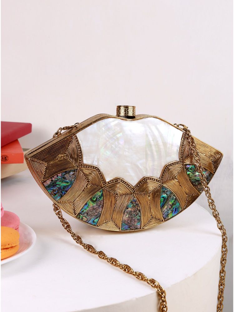 THE TAN CLAN Zuri Mother Of Pearl Brass Clutch With Detachable-picture-17