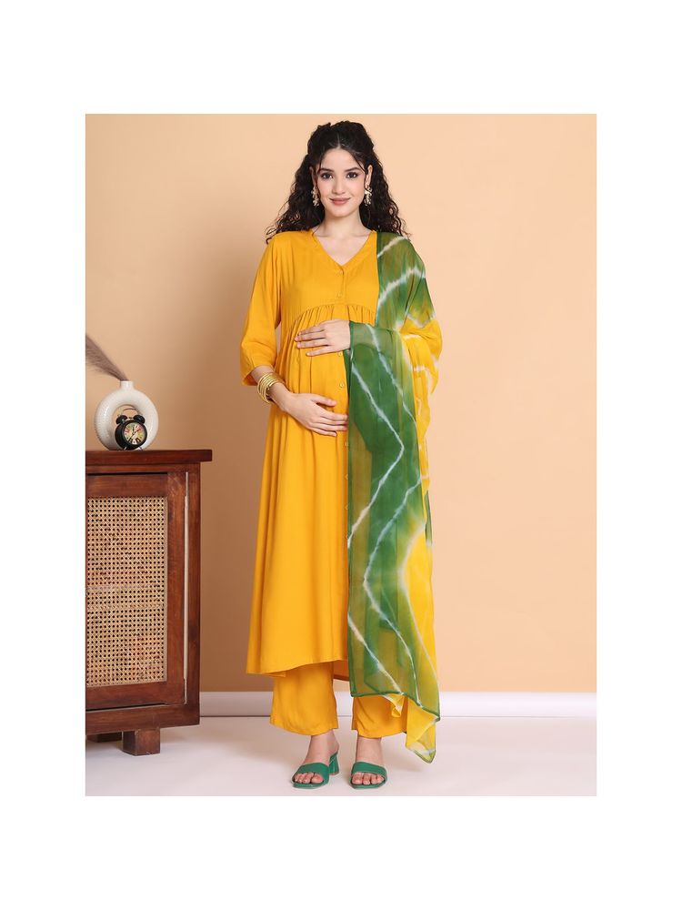 Secret Wish Mustard Solid Rayon Maternity Kurta with Pant and Dupatta (Set of 3)