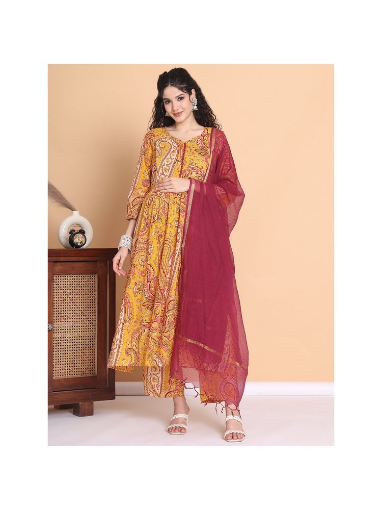 Secret Wish Mustard Floral Cotton Maternity Kurta with Pant and Dupatta (Set of 3)-picture-11