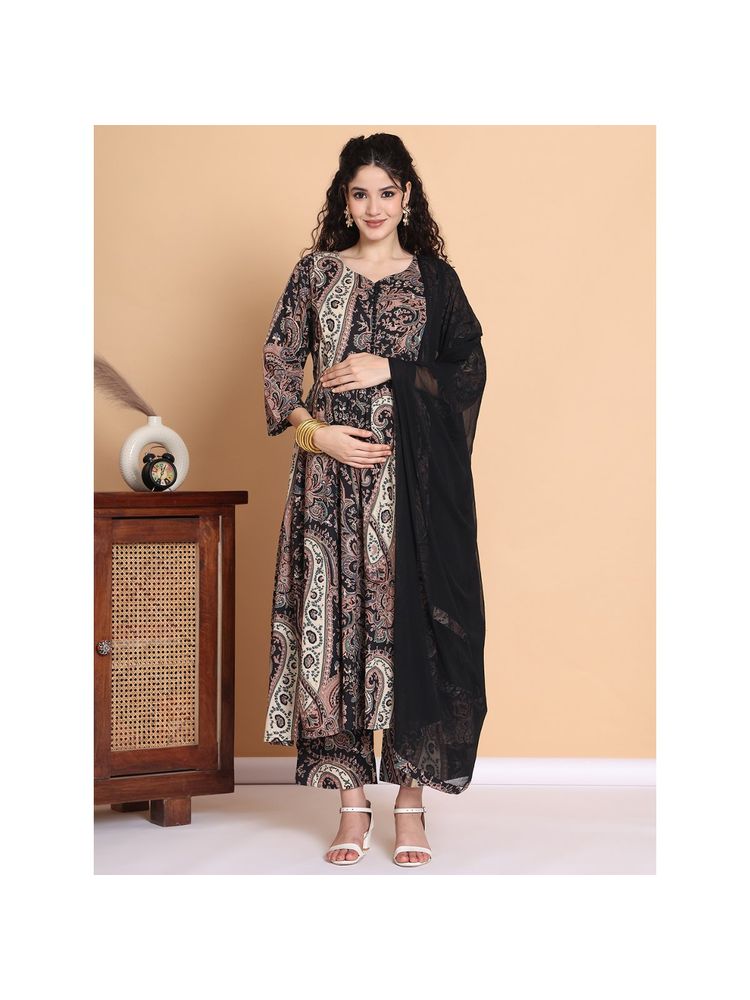 Secret Wish Black Floral Cotton Maternity Kurta with Pant and Dupatta (Set of 3)-picture-28