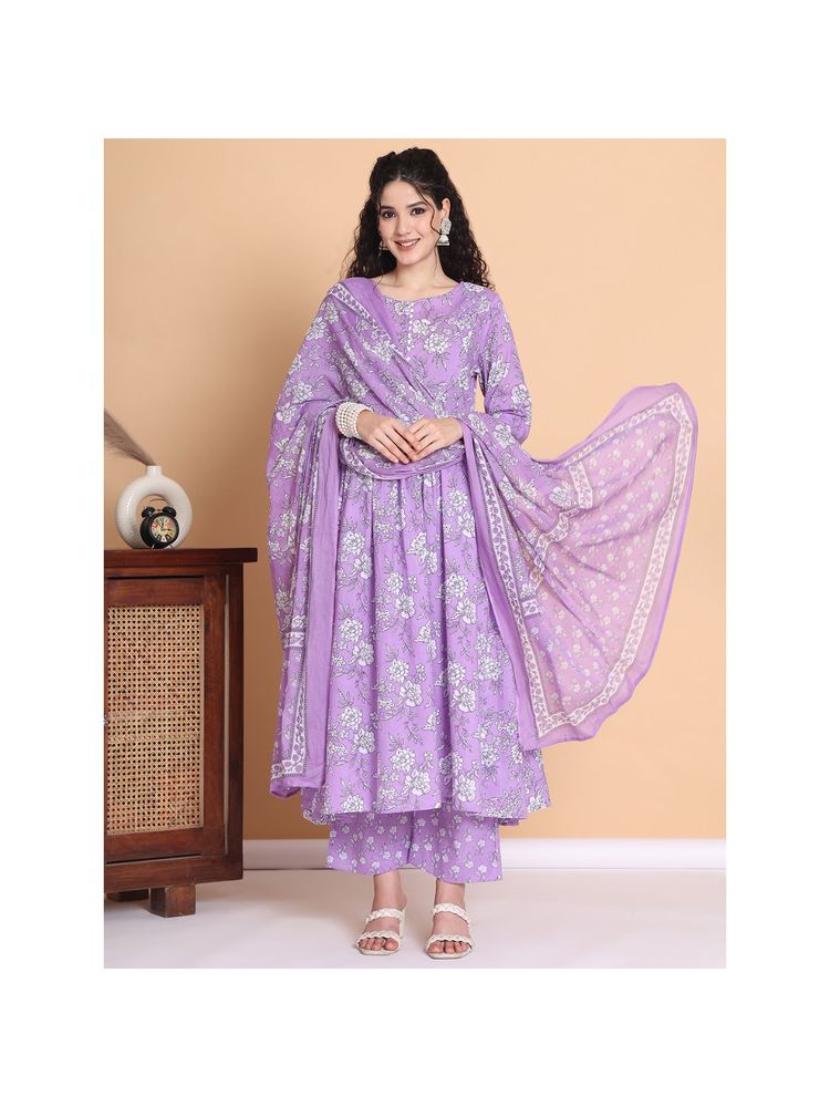 Secret Wish Lilac Floral Cotton Maternity Kurta with Pant and Dupatta (Set of 3)-picture-27