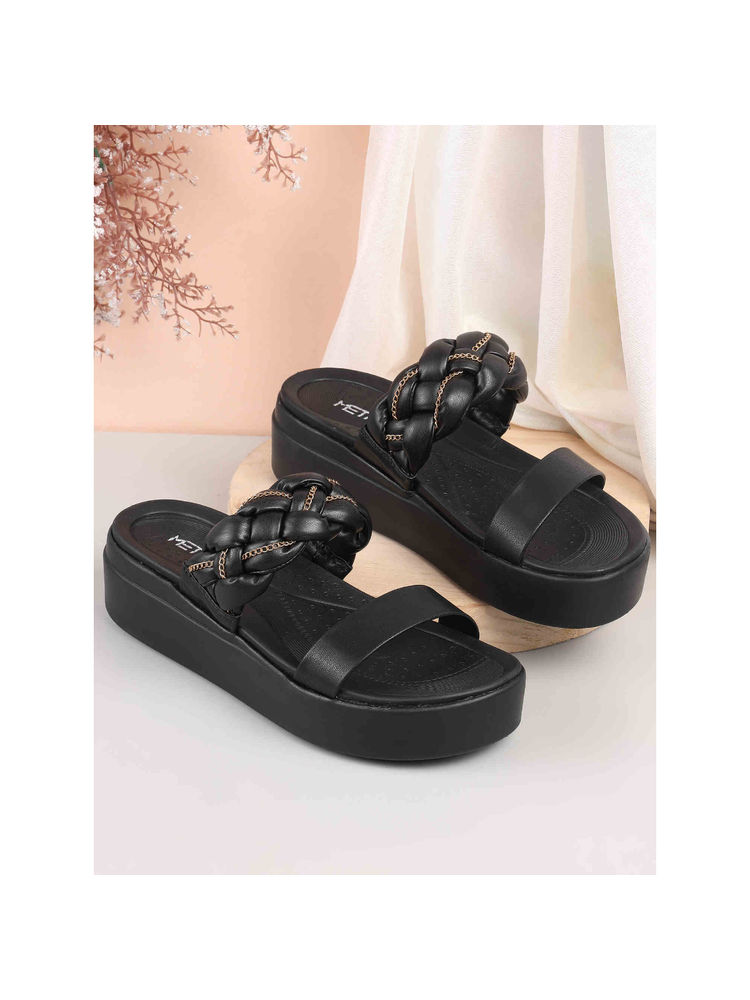 Metro Women Black Casual Flatform Sandals-image-0