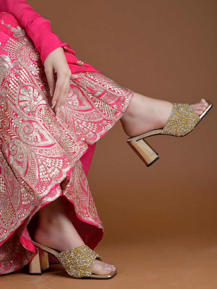 HVNLY by Shoetopia Dazzling Golden Glitter Square Toe Block Heels For Women-image-38