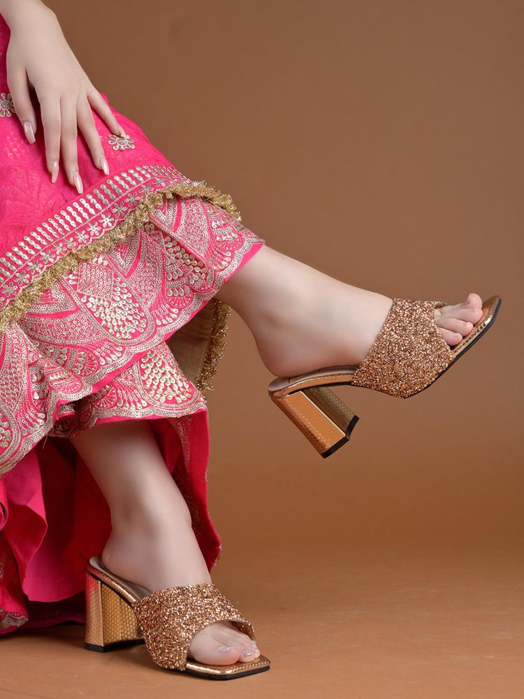 HVNLY by Shoetopia Dazzling Rose Gold Glitter Square Toe Block Heels For Women-picture-12