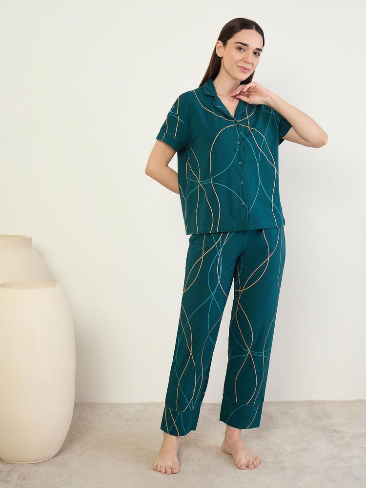 Sweet Dreams Womens Abstract Printed Front Open Nightsuit Green-picture-17