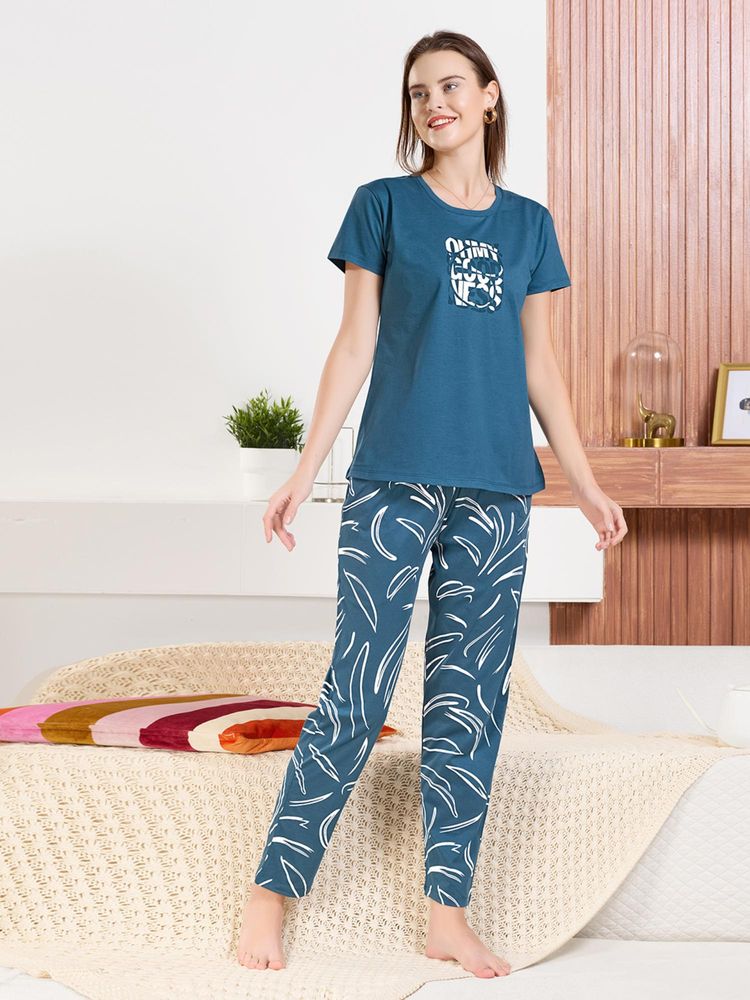 Quira Womens Printed Regular Fit T-Shirt and Pyjama Blue-picture-14