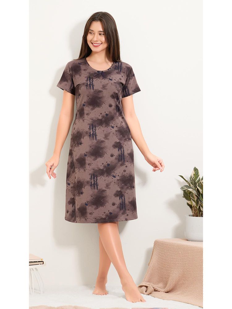 Quira Womens Printed Regular Fit Knee-Length Short Nightdress Brown-picture-10