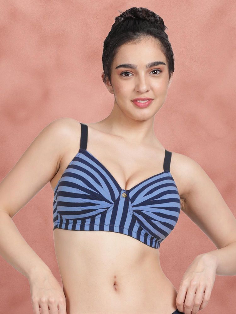 Shyaway By Taabu Azurine Blue Padded Wirefree Striped Cotton Bra-picture-26