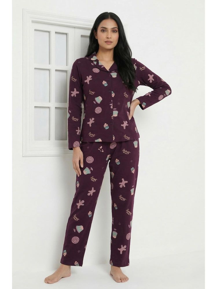 Zivame Farm Lore Knit Cotton Nightsuit- Plum Purple-picture-14
