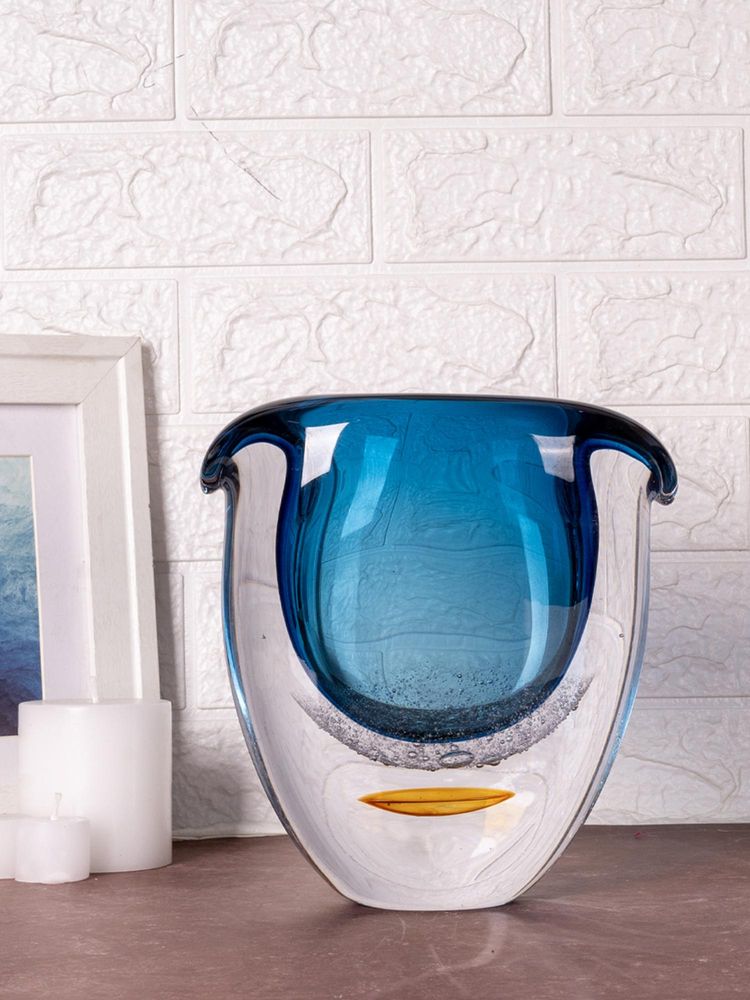 Aarvi Decor Blown Luxe Blue Transparent Glass Vase-picture-27