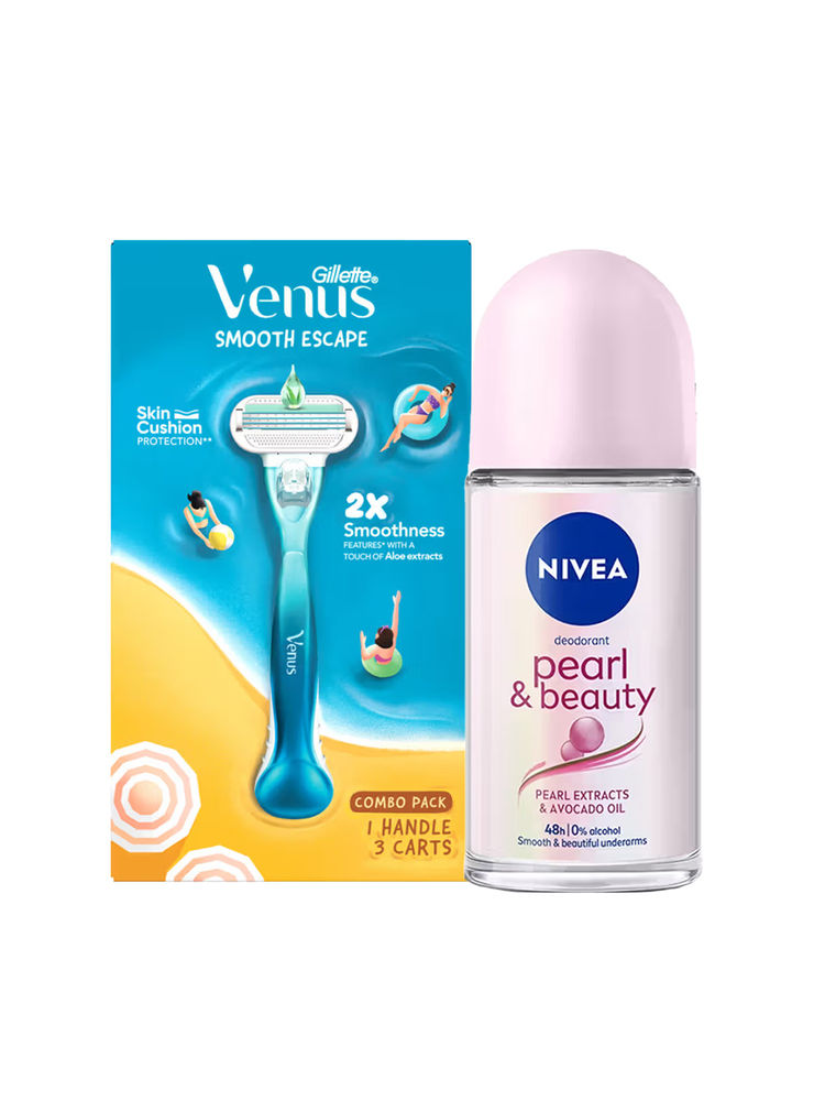 NIVEA Pearl Deodorant Roll On + Gillette Venus Razor with Aloe Extract Underarm Care Kit