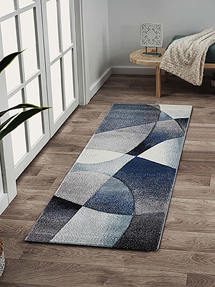 OBSESSIONS Blue Abstract Polypropylene Jute Backing Bedside Runner-picture-24