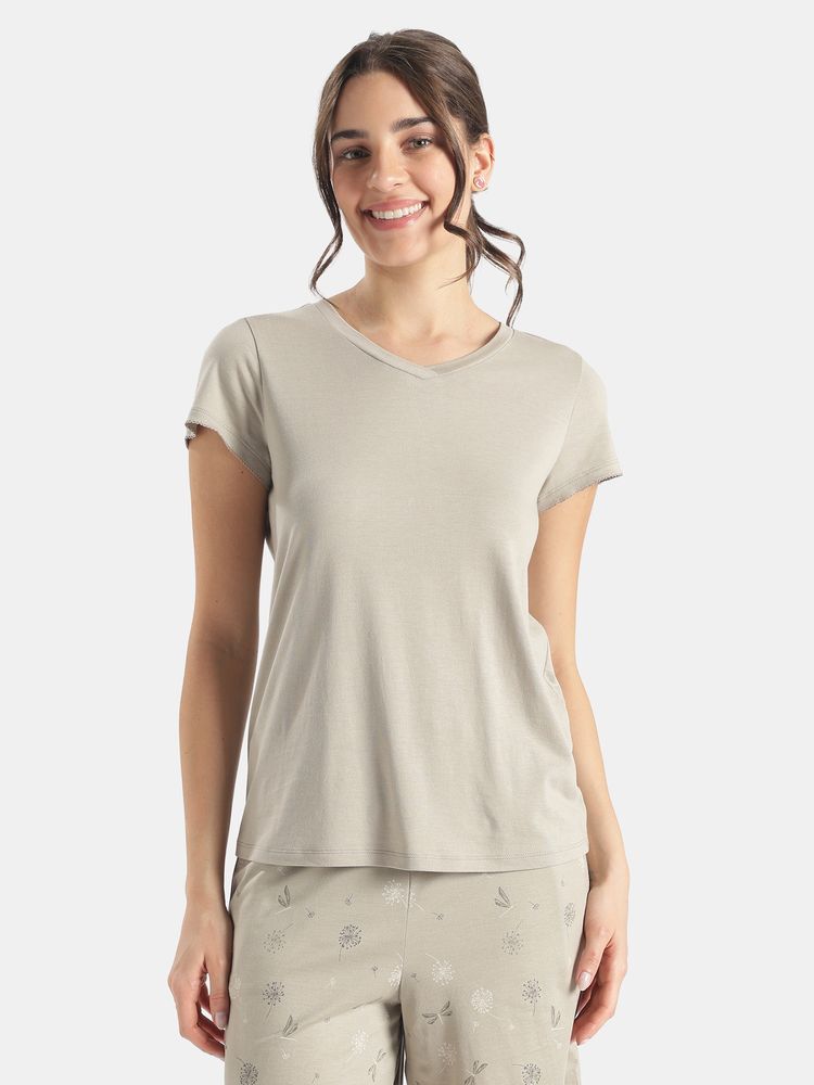 Jockey RX12 Women Micro Modal Cotton Relaxed Fit Solid V-Neck T-Shirt-London Fog-picture-11