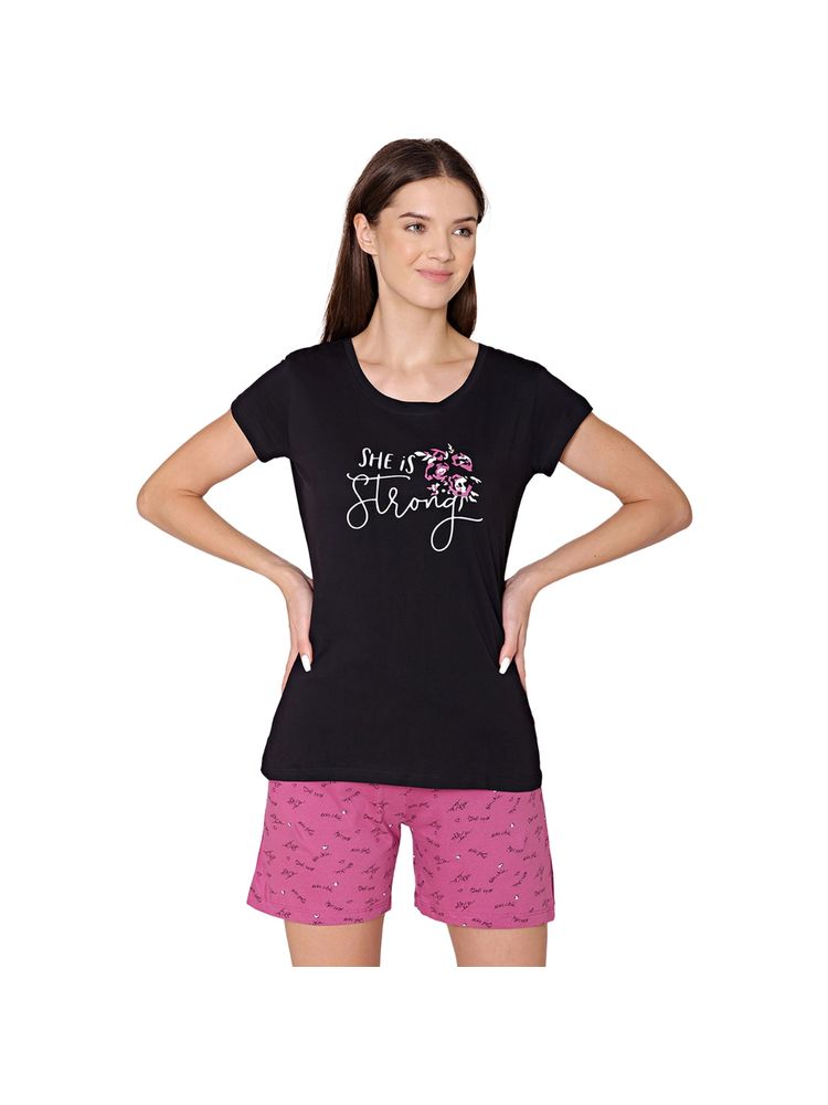 Bodycare Womens Cotton Printed Night Suit Of T-Shirt & Shorts -BSSS17004 Black (Set of 2)-image-27