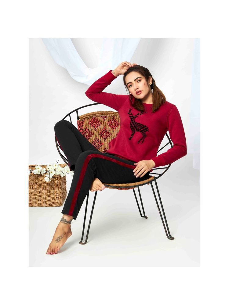 July Nightwear Winter Collection For Women Maroon Fleece Track Suit with Round Neck-image-2