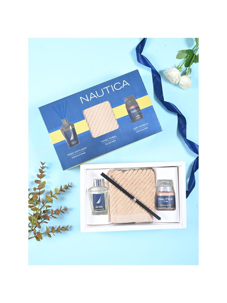 Nautica Cotton Hand and Face Towel Set with Reed Diffuser and Jar Candle Solid-Wheat (S)-image-22