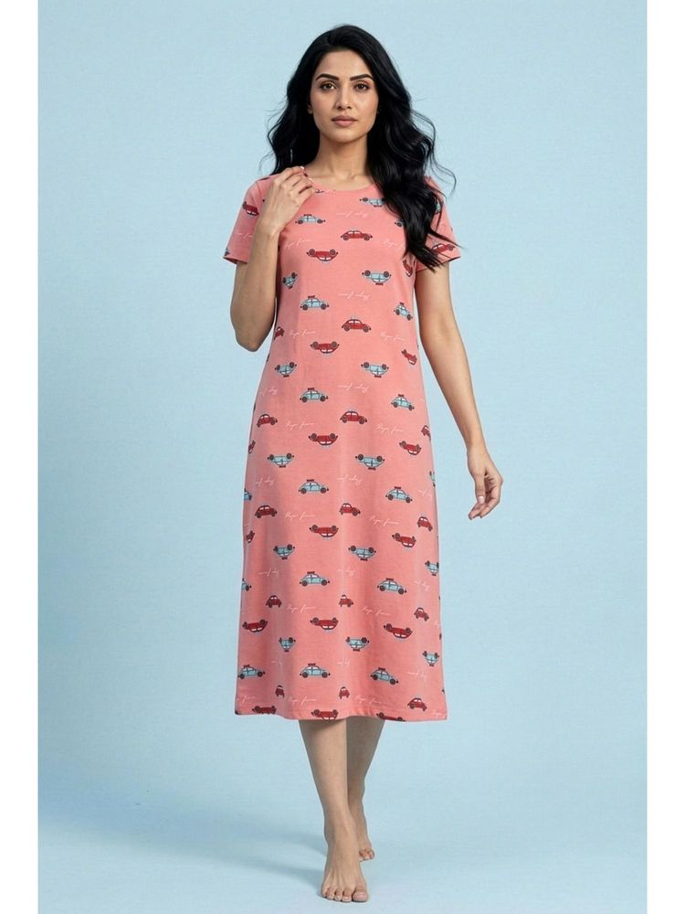 Zivame Farm Lore Knit Cotton Mid Length Nightdress - Peach-image-4