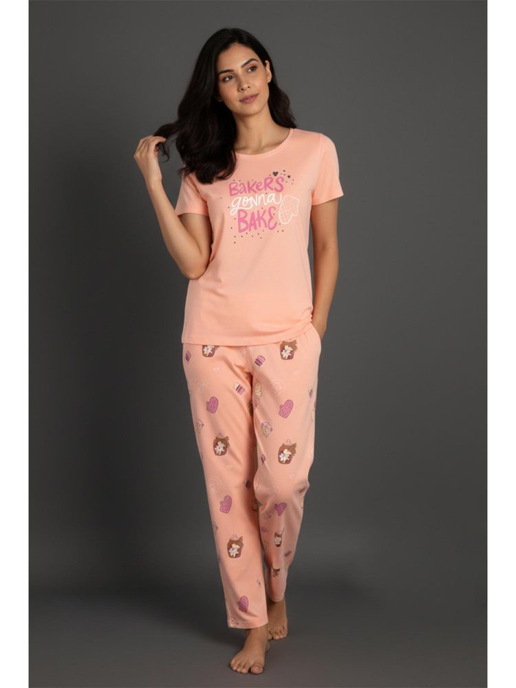 Zivame Farm Lore Knit Cotton Nightsuit - Peach Pearl-image-2