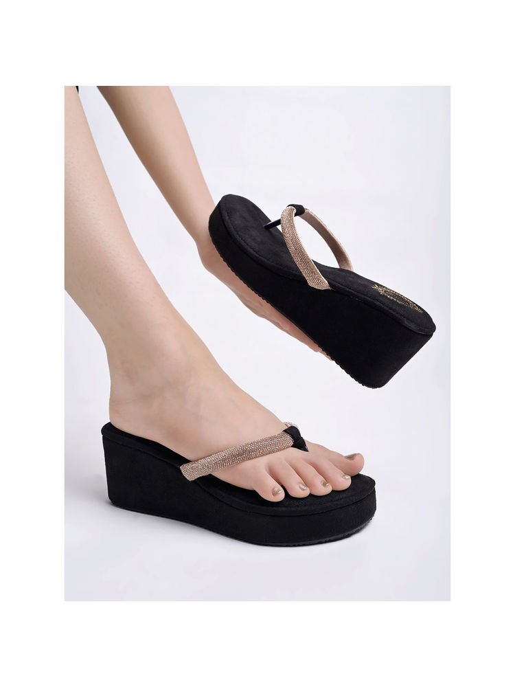 Shoetopia Rhinestones Strap Detailed Rose Gold & Black Wedges-picture-24