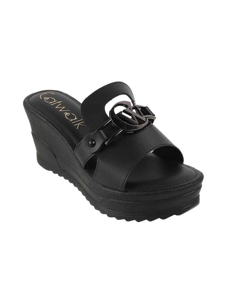 Catwalk Women Round Toe Black Wedges-image-44