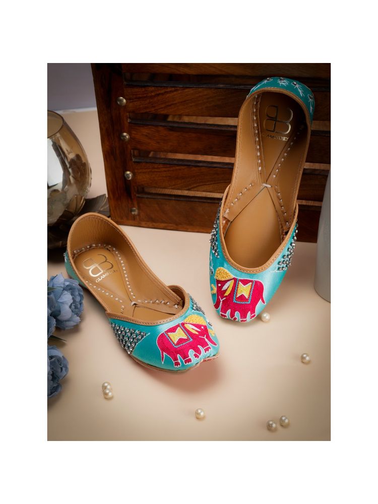GLAM STORY Women Inara Blue Embroidered Punjabi Jutti-image-34