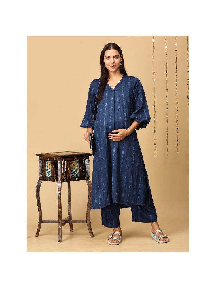 The Mom Store Blue Maternity Nursing Kurta with Pant (Set of 2)