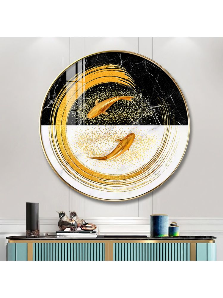 The Next Decor Goldfish Emblem Wood Glass Finish Round Wall Art-image-3