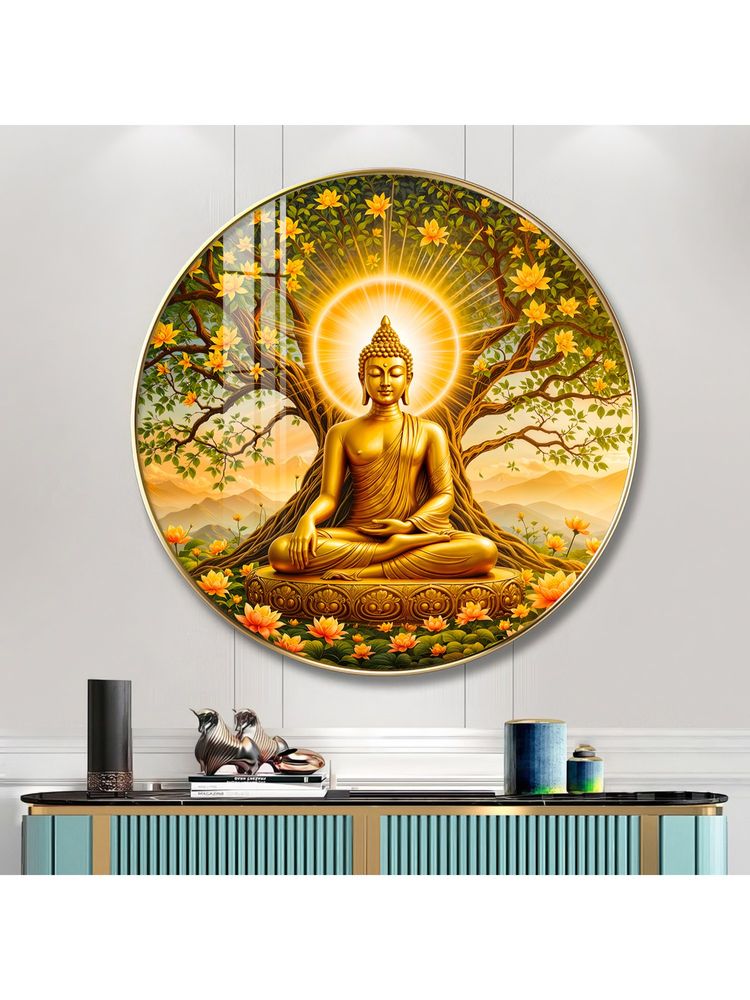 The Next Decor Buddha Meditating In Dayspring Wood Glass Finish Round Wall Art-image-4