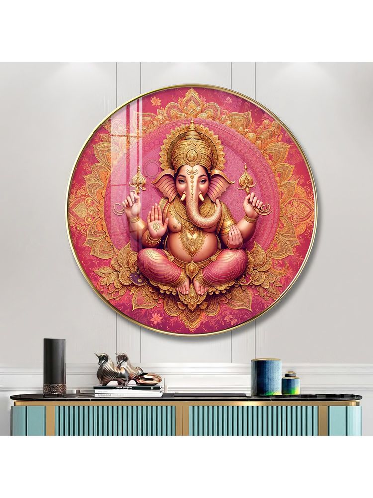 The Next Decor Lord Ganesha Giving Blessing Wood Glass Finish Round Wall Art-image-30