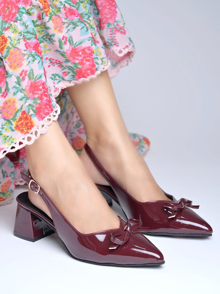 Shoetopia Women Maroon Glossy Pointed Toe Block Heels-image-18
