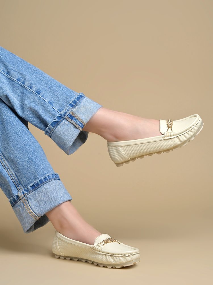 Shoetopia Women Cream Slip-On Loafers-picture-27