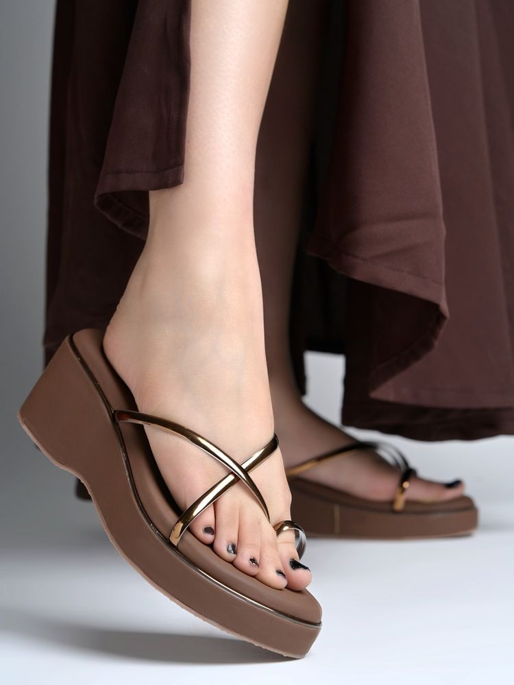 Shoetopia Women Brown Metallic Strap Wedges Heels-image-35
