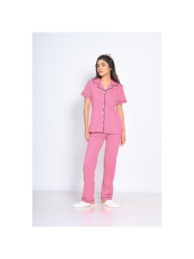 NAP STORY Pink Half-Sleeves Solid Shirt and Pyjama (Set of 2)-picture-26
