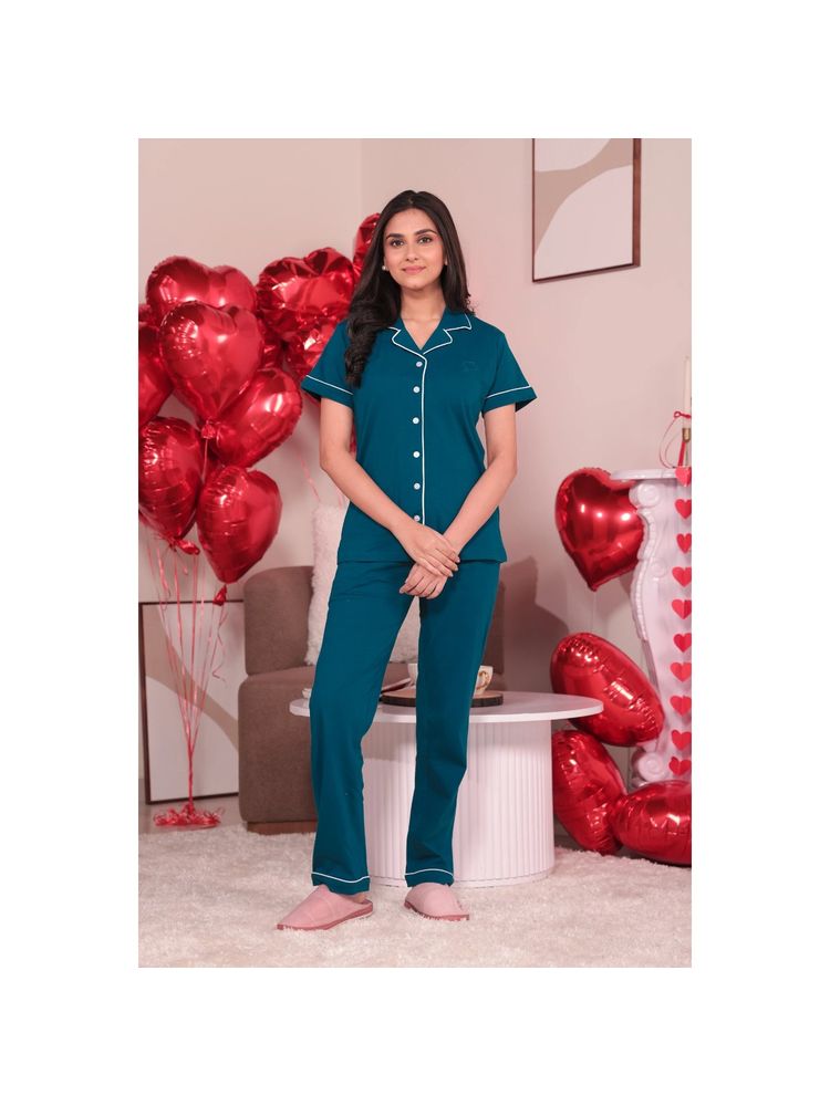 NAP STORY Teal Blue Half-Sleeves Solid Shirt and Pyjama (Set of 2)-image-42