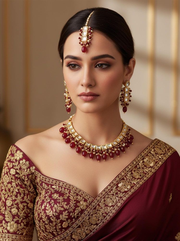 LUCKY JEWELLERY Maroon 18K Gold Plating Back Meenakari Kundan Jewellery Set-image-19