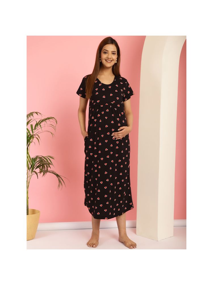 Secret Wish Printed Black Hosiery Short Maternity Feeding Nighty-image-30