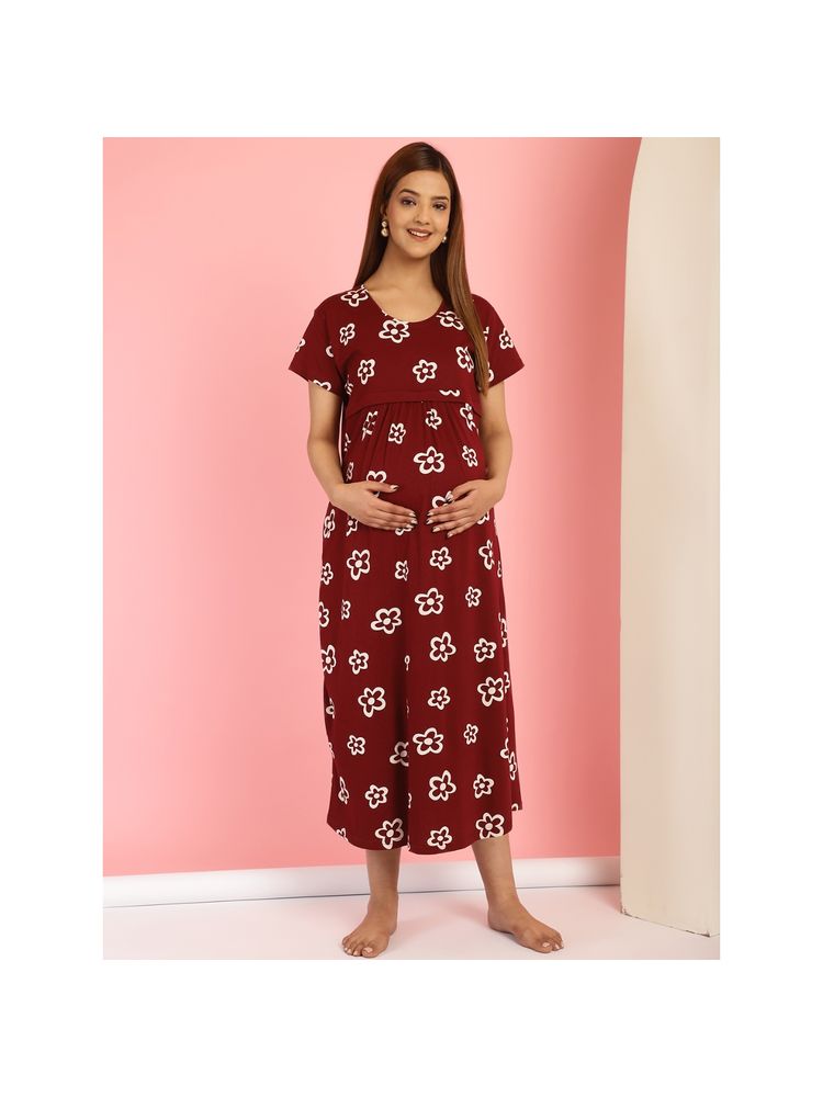 Secret Wish Floral Maroon Hosiery Short Maternity Feeding Nighty-picture-25