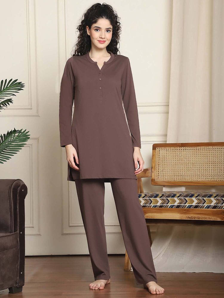 Indreams Full Sleeves Long Nightsuit Brown-image-3