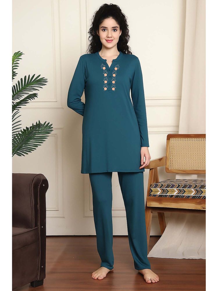 Indreams Full Sleeves Long Nightsuit Teal-picture-15
