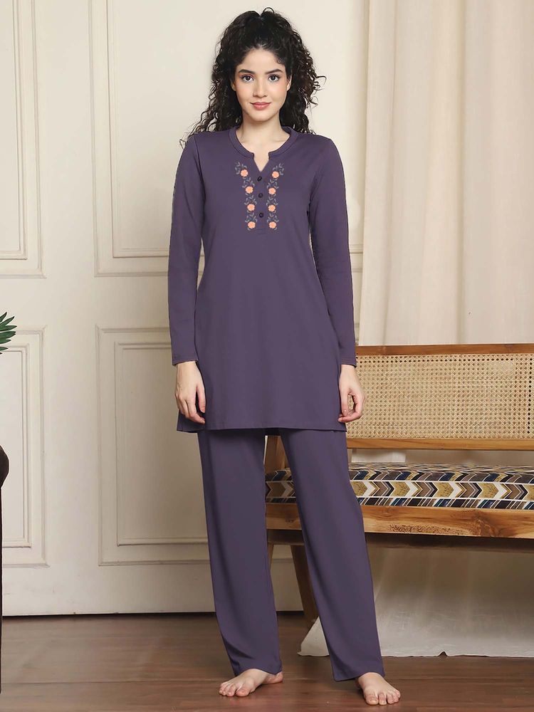 Indreams Full Sleeves Long Nightsuit Purple-image-3