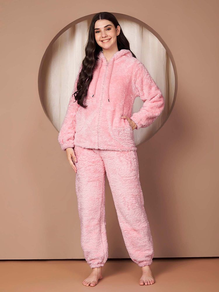 Secret Wish Pink Solid Faux Fur Winter Night Suit-picture-17