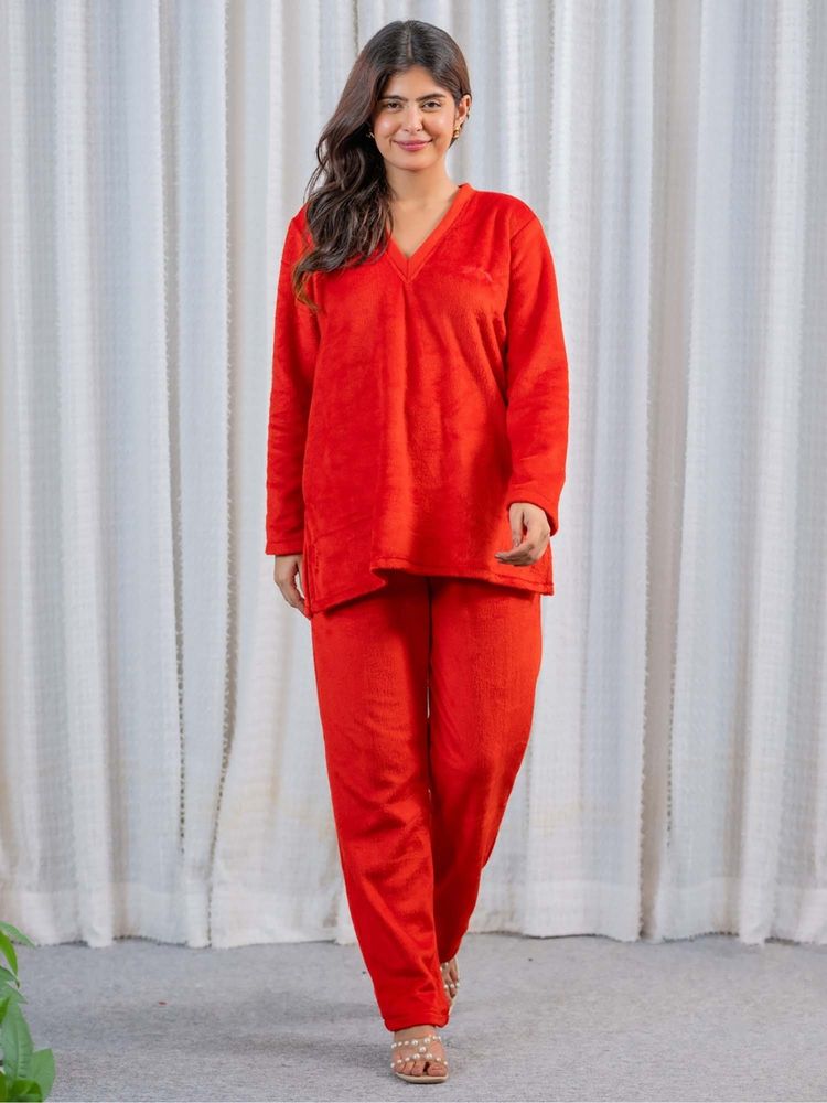 FEATHERS CLOSET V-Neck Super Soft Red Woollen Nightsuit-image-18